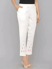 Women White Cotton Solid Casual Pant (W1068)