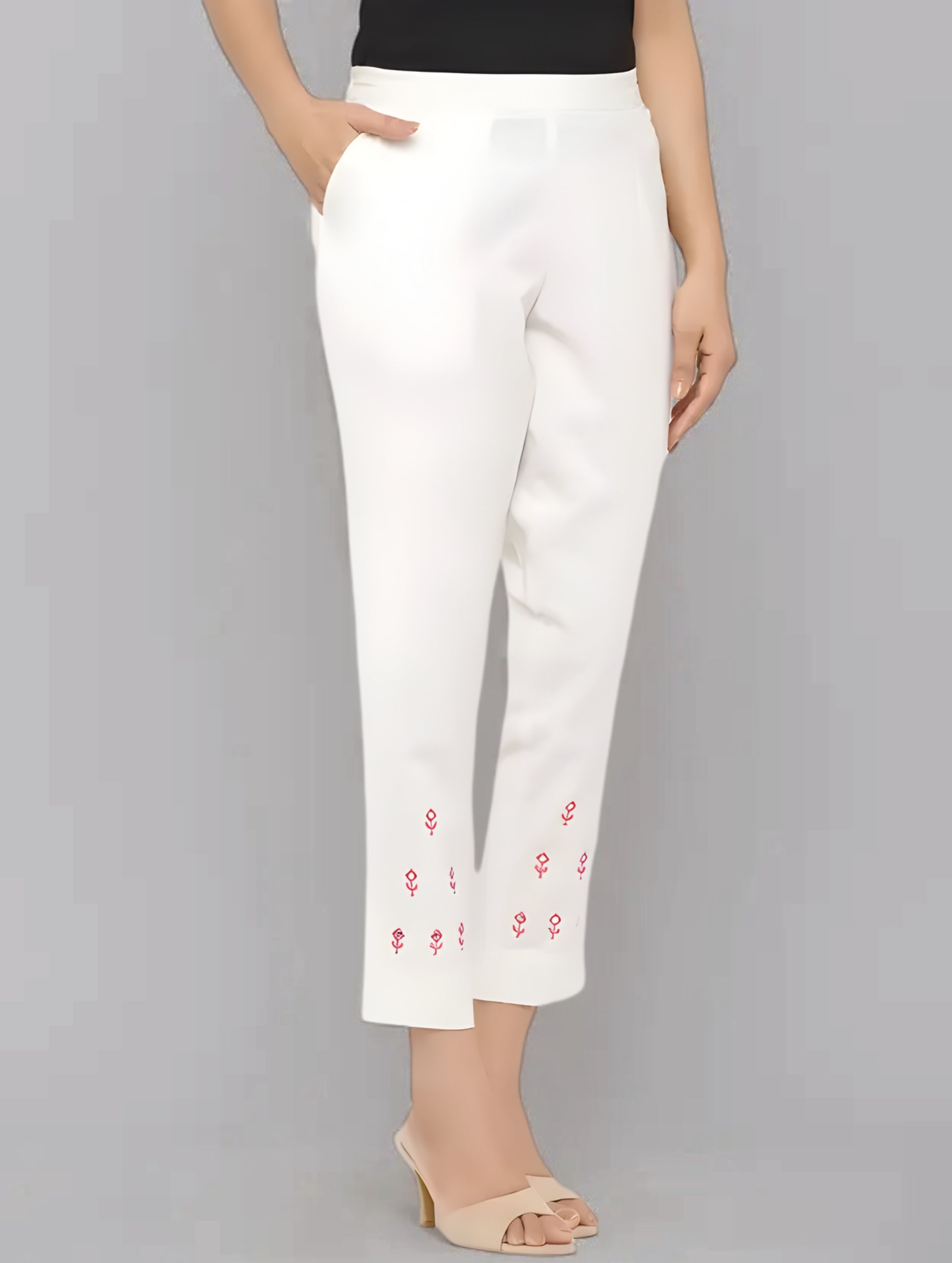 Women White Cotton Solid Casual Pant (W1068)