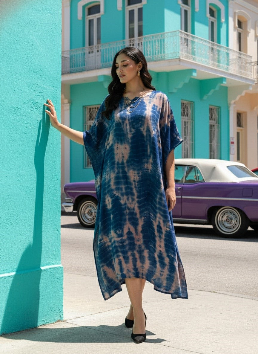 Women Rayon Tie & Dye Beige-Blue Kaftan Dress (W1206)