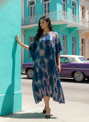 Women Rayon Tie & Dye Beige-Blue Kaftan Dress (W1206)