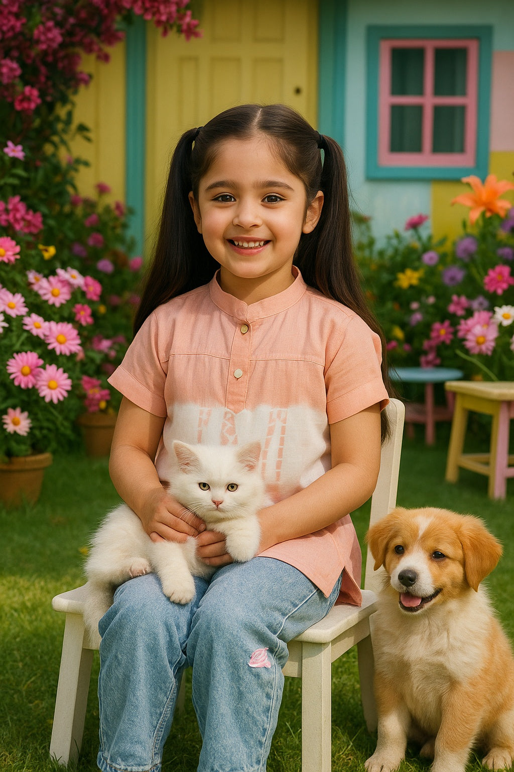 Peach Ombre Tie & Dye Mandarin Collar Rayon Slub Top For Girls (K11062)