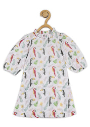 Cotton Casual White Printed A-Line Dress for Girls (K1088)