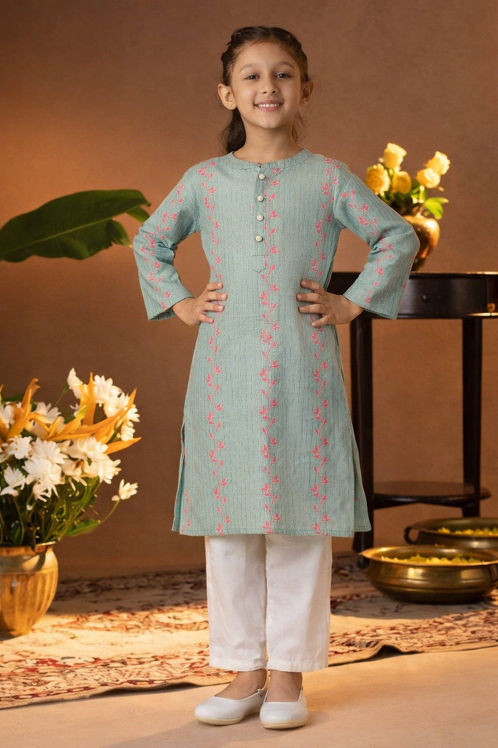 Printed Cotton Kurta Pyjama Set For Girls (K1051)