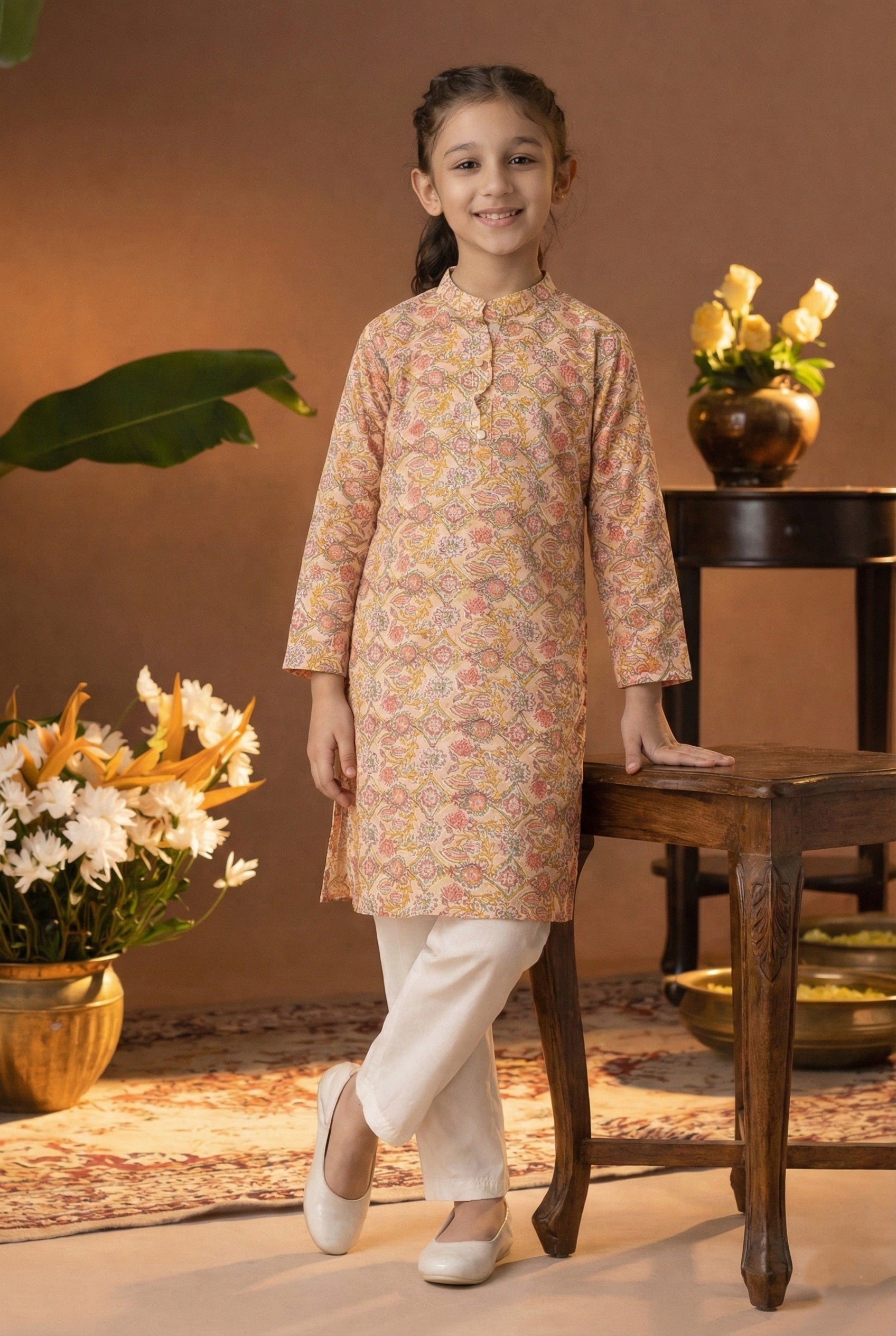 Printed Cotton Kurta Pyjama Set For Girls (K1054)