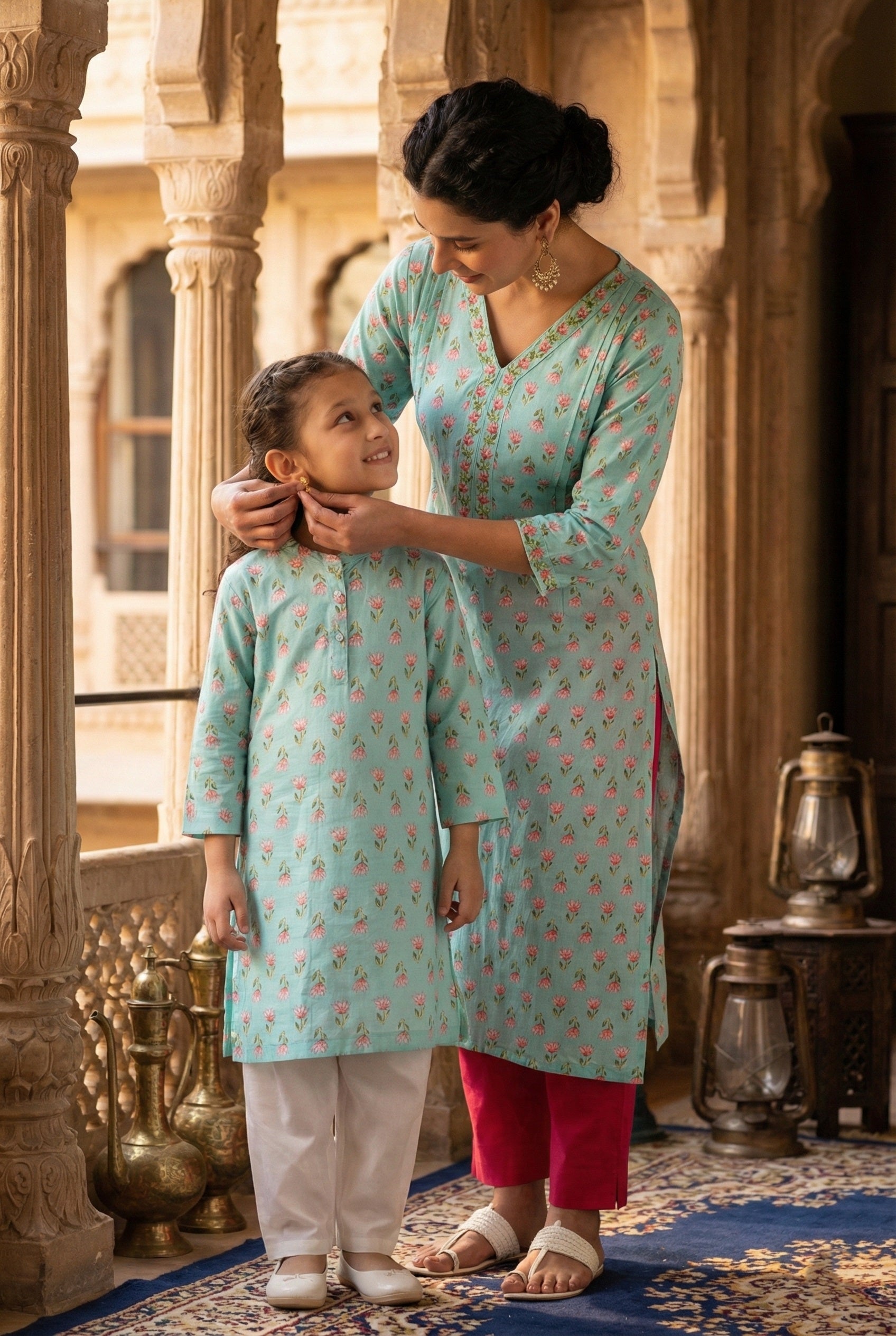 Women Printed Straight Kurta With Matching Girl Kurta Pyjama Set Mother Daughter Combo For Women & Girls (COMBO9033)