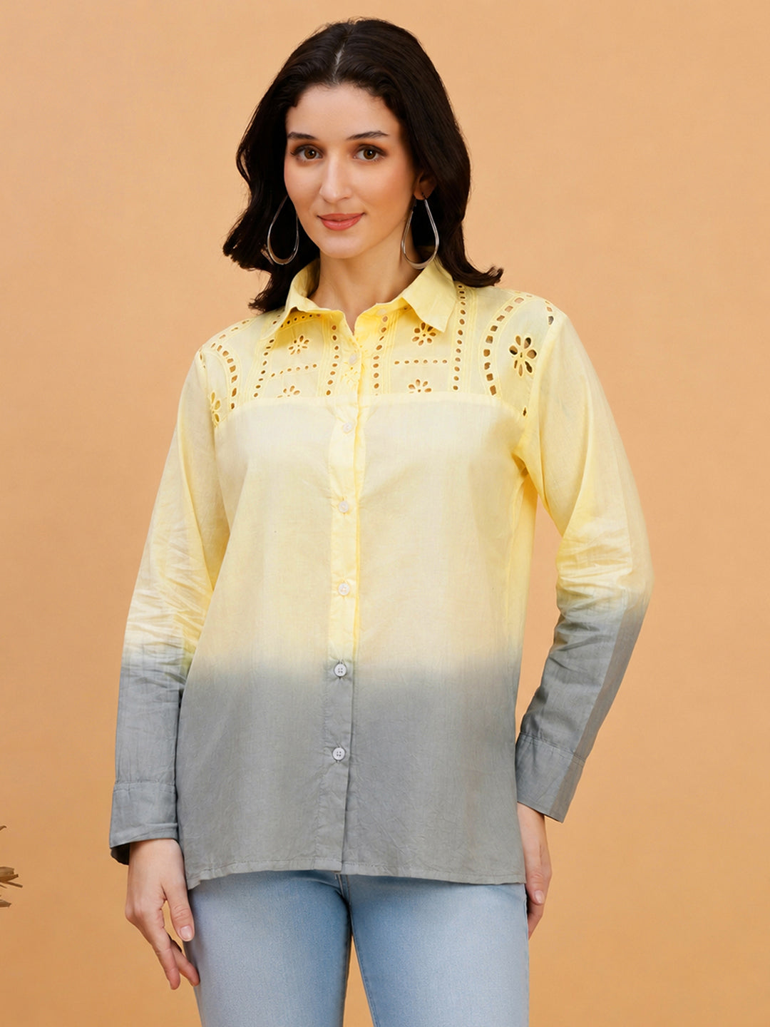 Women Yellow Embellished Tie & Dye Camric Casual Shirt (W1821)