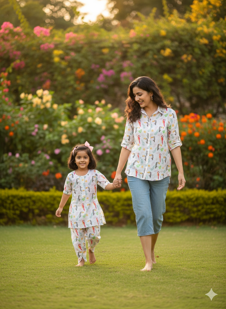 Women Printed Shirt With Matching Kids Kurta Set Mother Daughter Combo (COMBOMD9028)