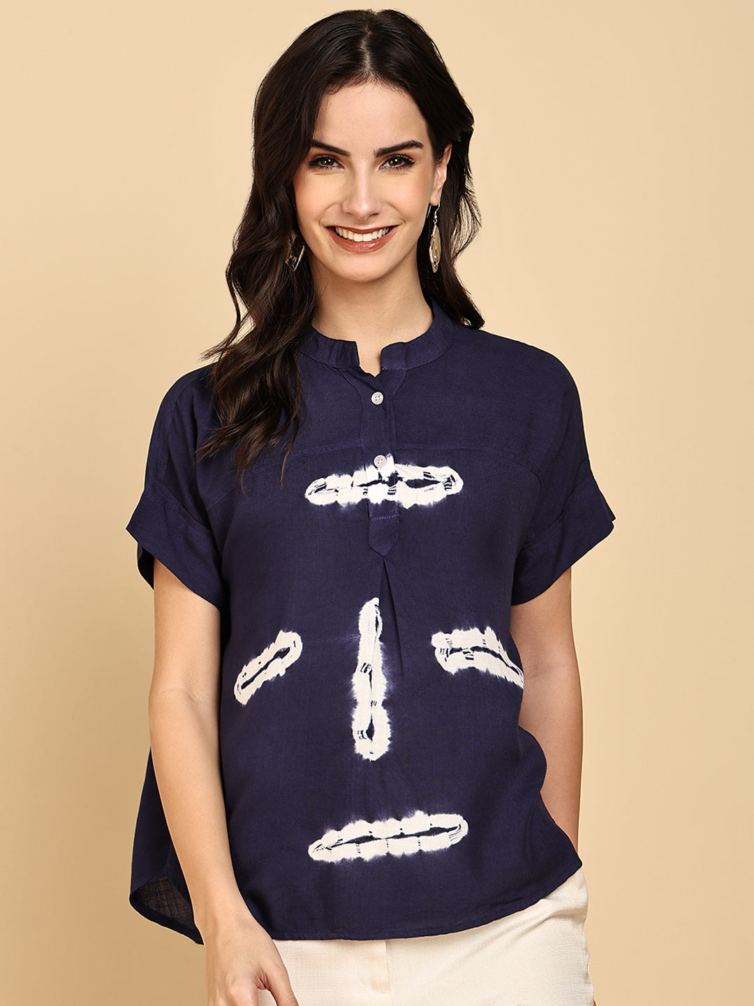 Women Casual Rayon Slub Tie & Dye Mandarin Short Sleeves Regular Fit Top (W1702)