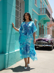 Rayon Hand Dyed Tie Dye Green Kaftan Dress (W1191)