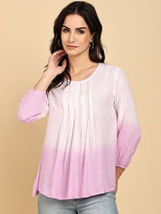 Women Casual Rayon Staple Tie & Dye Round Neck 3/4 Sleeves Regular Fit Top (W1717)