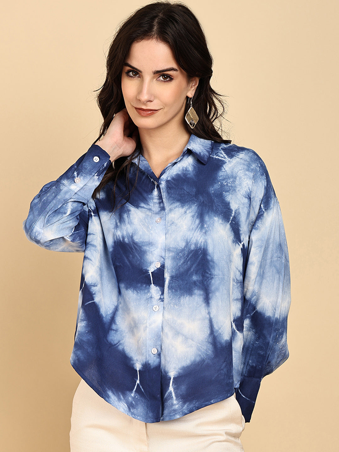 Women Casual Rayon Staple Tie & Dye Spread Collar Full Sleeves Loose Fit Shirt (W1697)