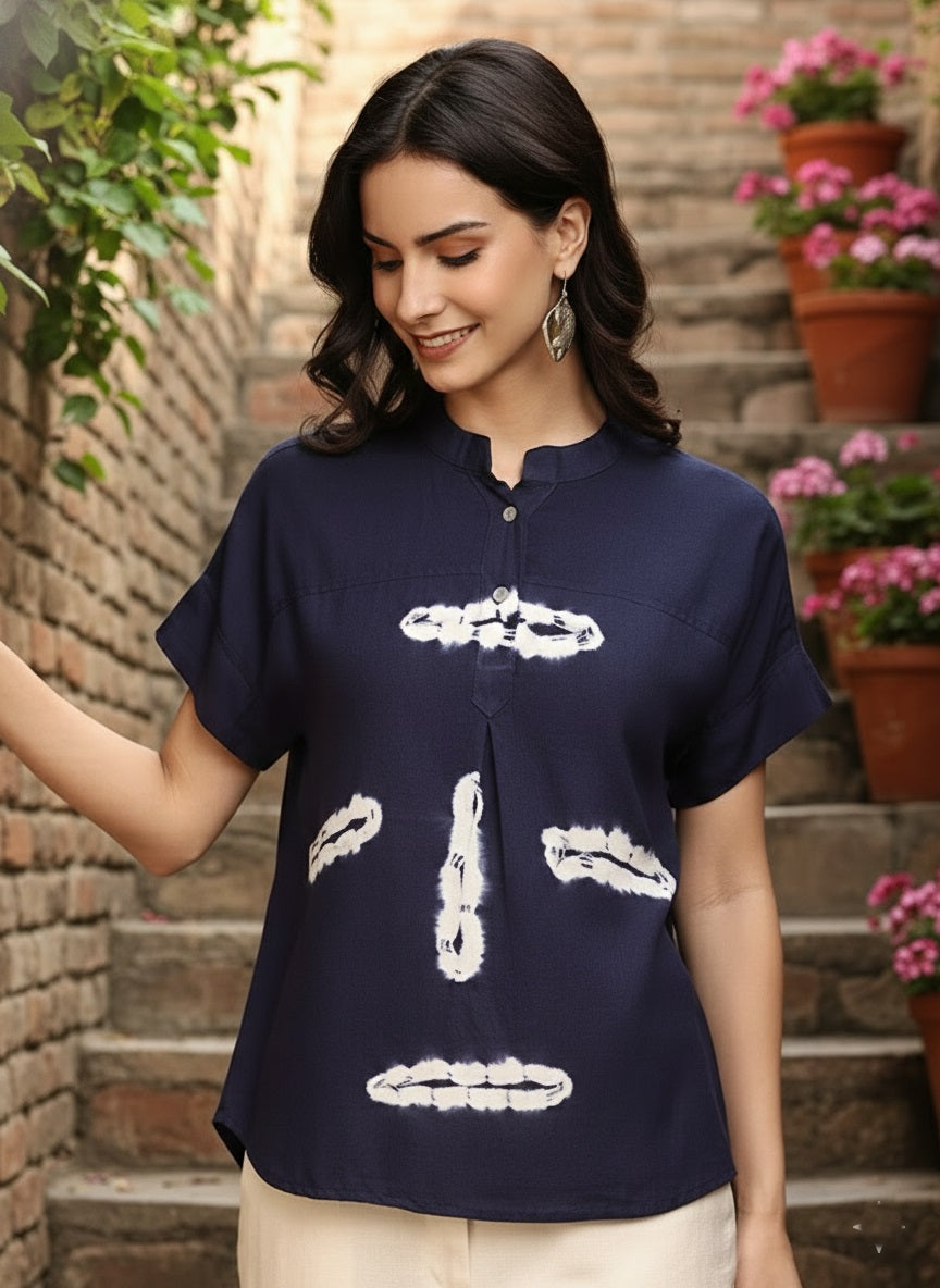 Women Casual Rayon Slub Tie & Dye Mandarin Short Sleeves Regular Fit Top (W1702)
