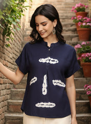 Women Casual Rayon Slub Tie & Dye Mandarin Short Sleeves Regular Fit Top (W1702)