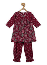 Girls Maroon Printed Cotton A-line Kurta And Pant Set (K1091)