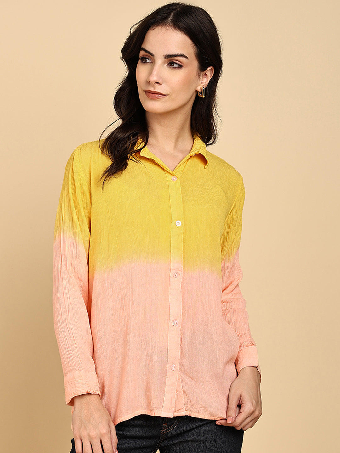 Women Casual Rayon Crepe Tie & Dye Spread Collar Full Sleeves Relaxed Fit Shirt (W1708)