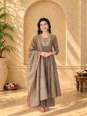 Jaipurhues Luxe Brown Crepe Tissue Festive Kurta Set | Kurta Bottom Dupatta (W10003)