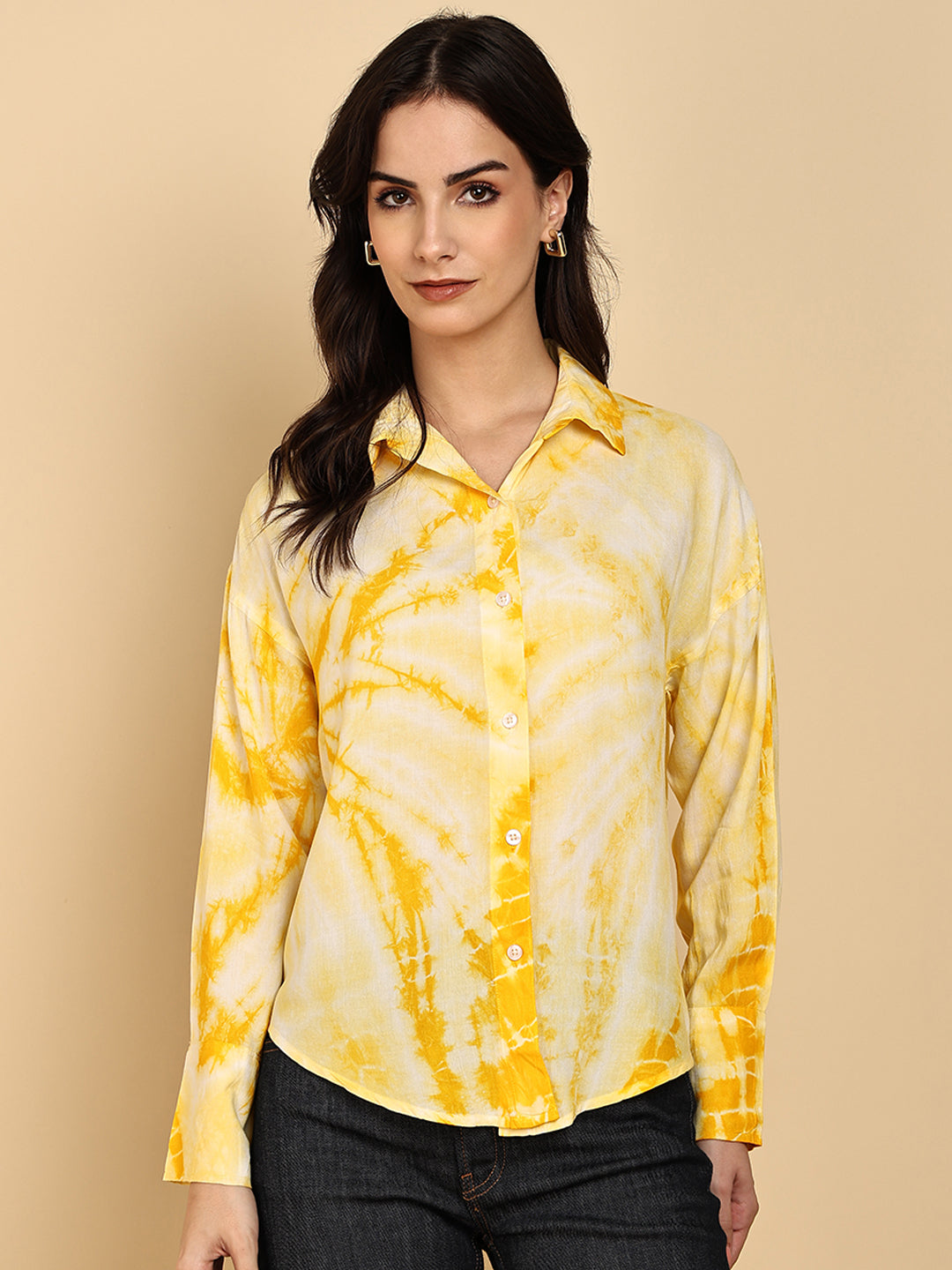 Women Casual Rayon Staple Tie & Dye Spread Collar Full Sleeves Loose Fit Shirt (W1699)