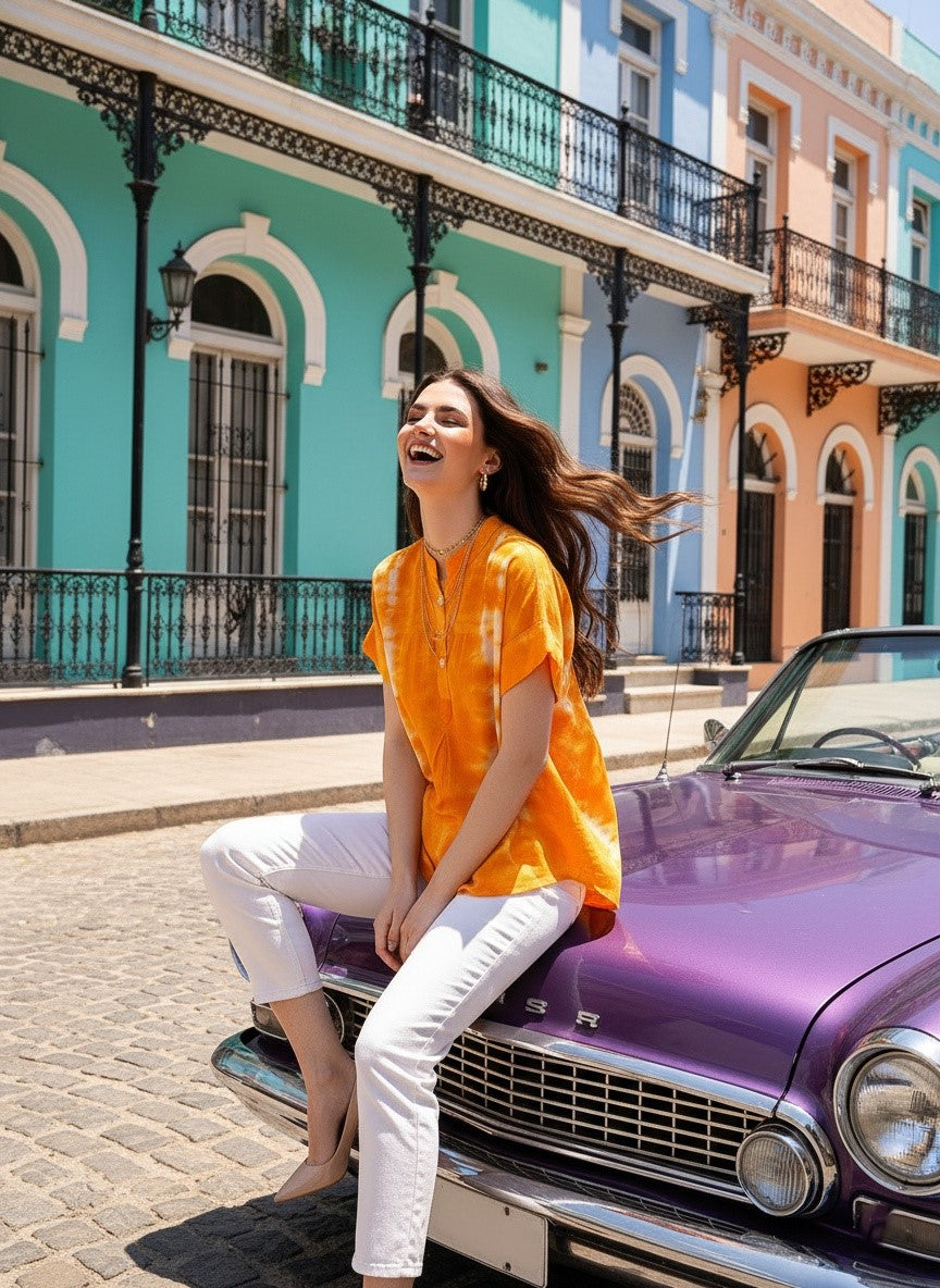 Vibrant Yellow Tie-Dye Everywhere Top In Soft Rayon (W1542)