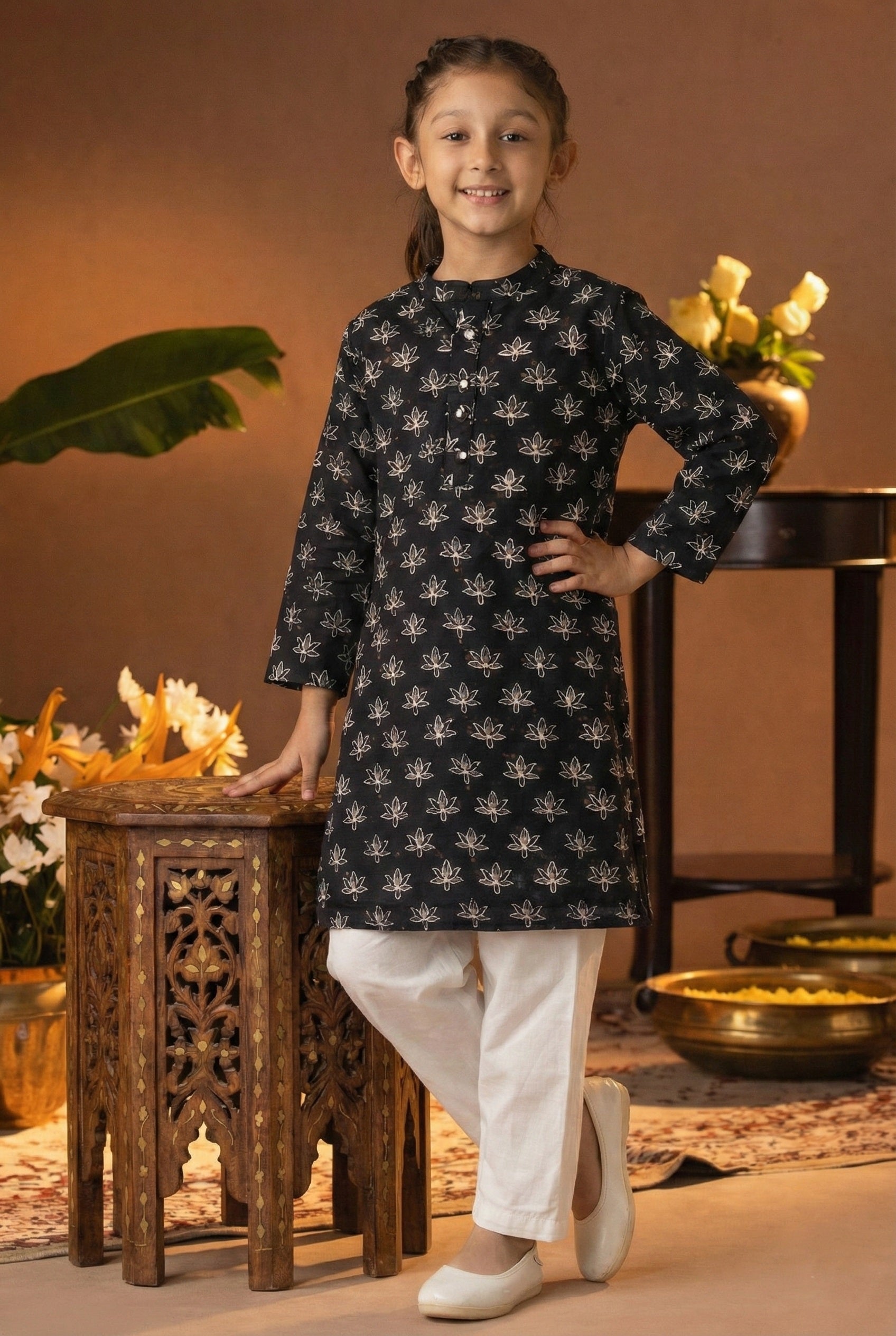 Printed Cotton Kurta Pyjama Set For Girls (K11083)