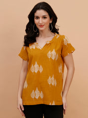 Women Cotton Printed Mustard Casual Top (W1794)