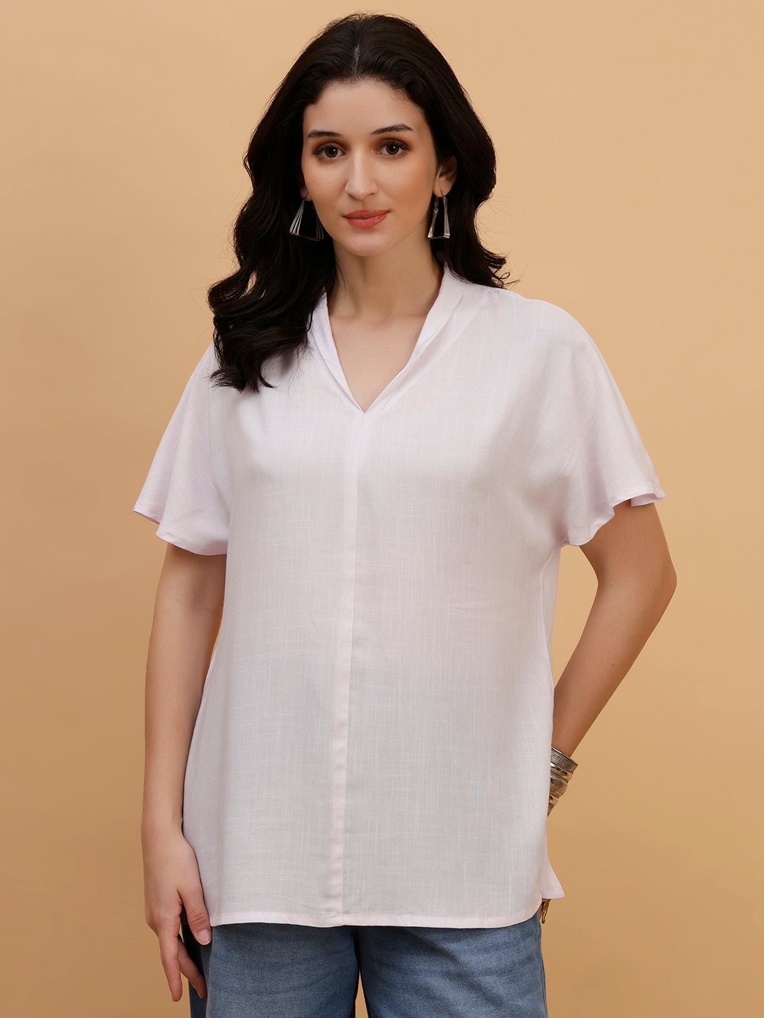 Women White Solid Rayon Casual Top (W1788)