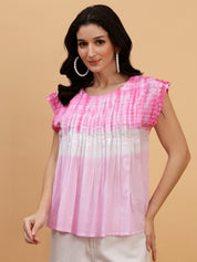 Women Pink-White Tie & Dye Camric Casual Top (W1805)