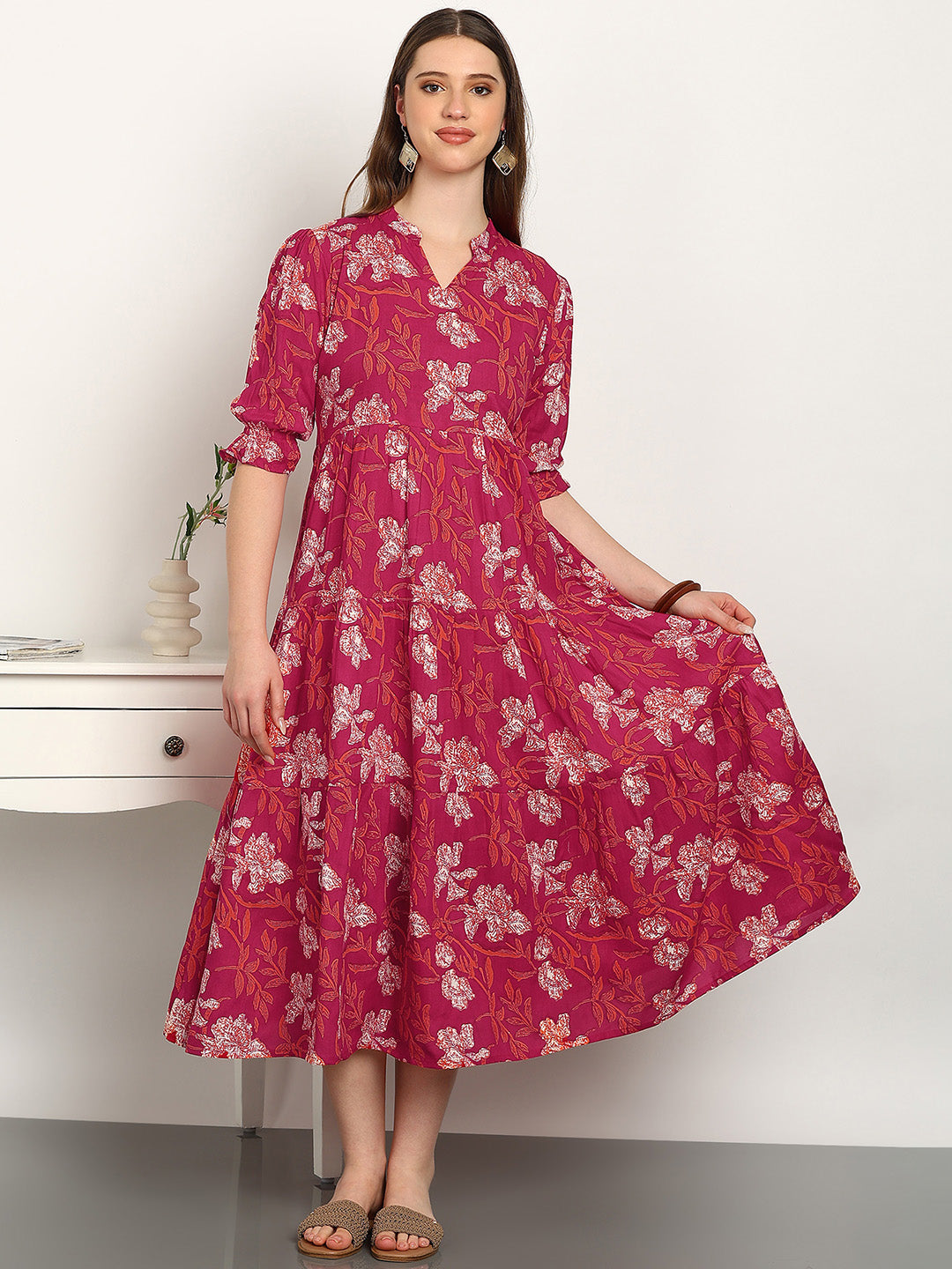 Women Cotton Printed A-Line Dress (W1739)