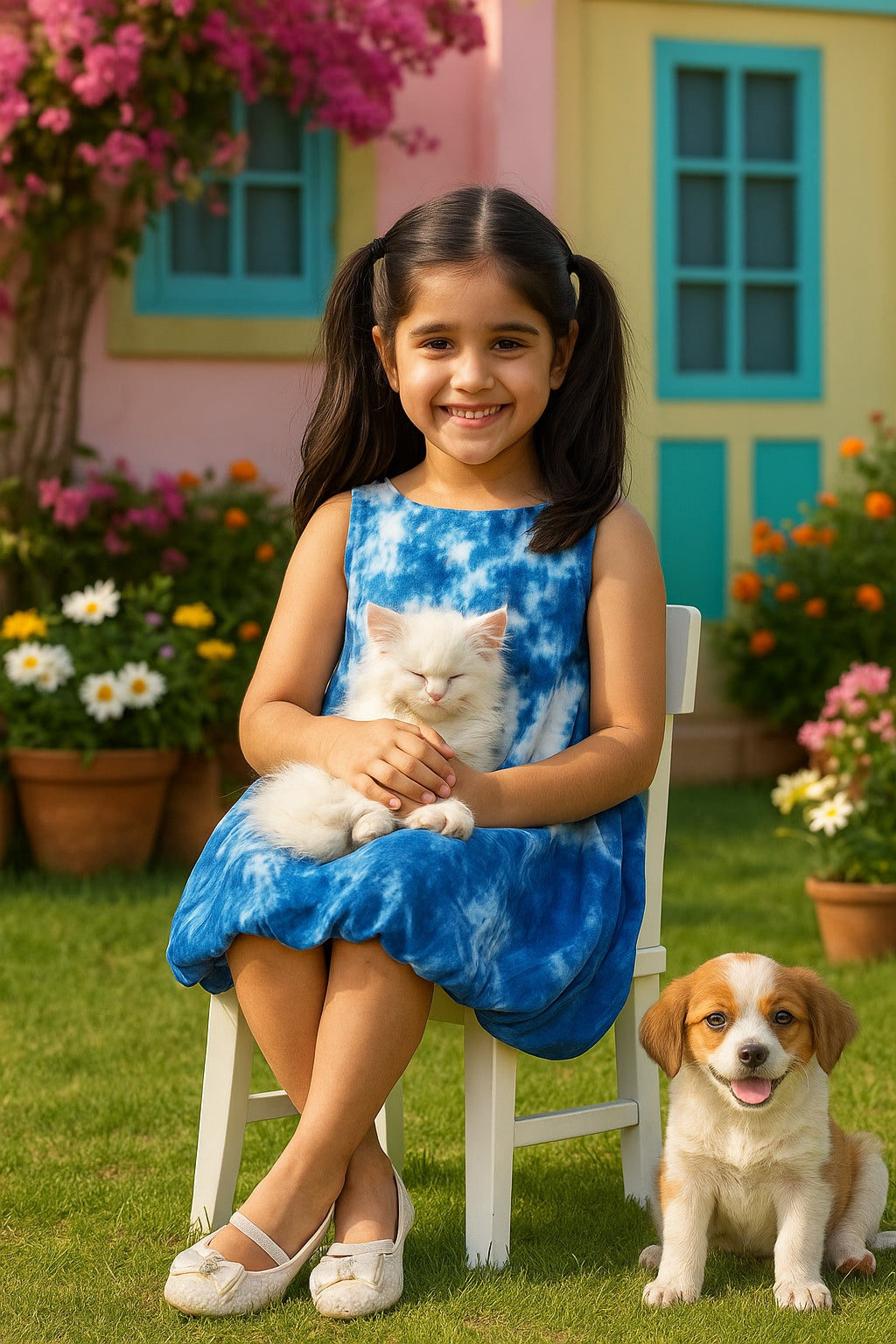 Tie & Dye Rayon Staple Fit and Flare Blue Dress for Girls (K11060)