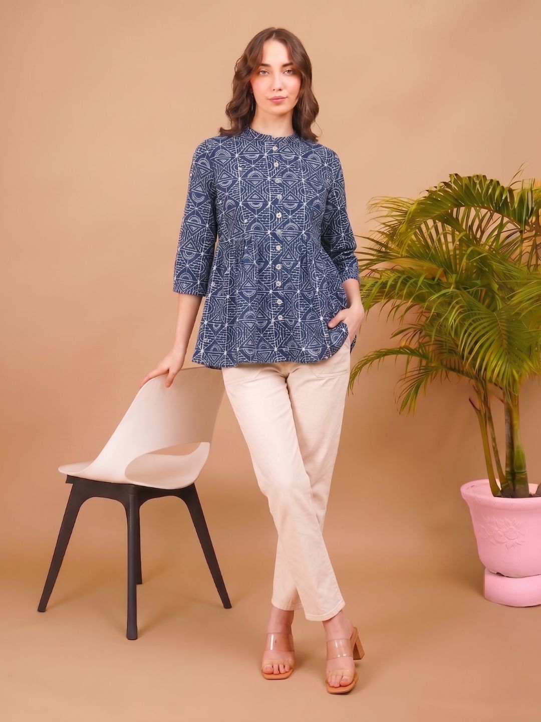 Women Casual Cotton Printed Mandarin Collar A-Line Top (W1343)