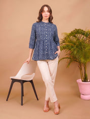 Women Casual Cotton Printed Mandarin Collar A-Line Top (W1343)