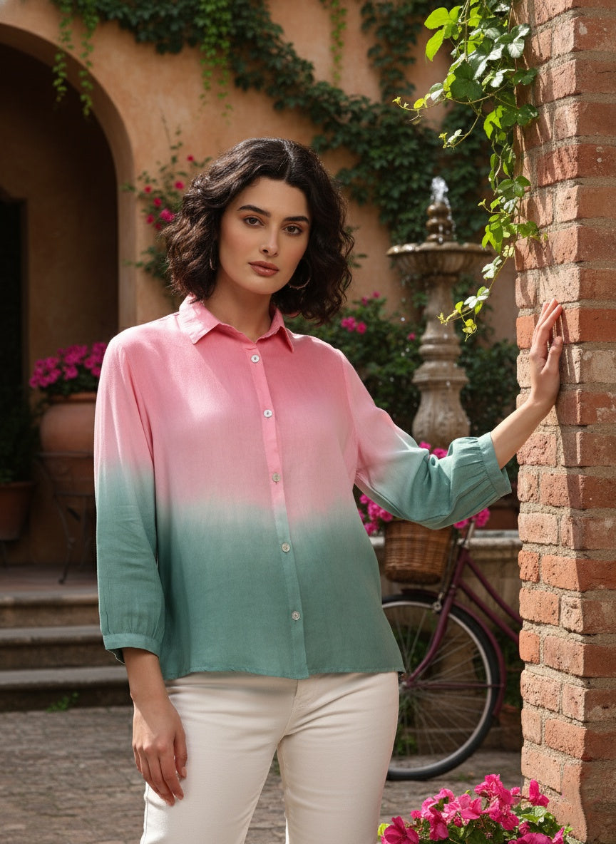 Women Handmade Tie-Dye Rayon Pink Green Shirt (W1627)