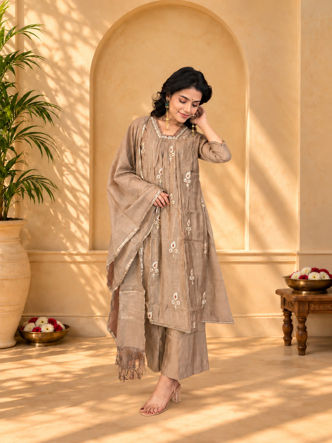 Jaipurhues Luxe Brown Mulchanderi Festive Kurta Set | Kurta Bottom Dupatta (W10002)