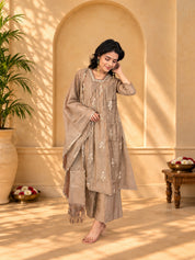 Jaipurhues Luxe Brown Mulchanderi Festive Kurta Set | Kurta Bottom Dupatta (W10002)