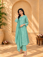 Jaipurhues Luxe Rama Muslin Silk Festive Kurta Set | Kurta Bottom Dupatta (W10008)