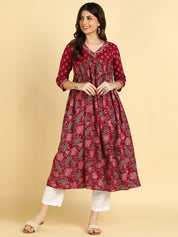 Women Floral Printed Cotton Flared/A-Line Dress (W1669)