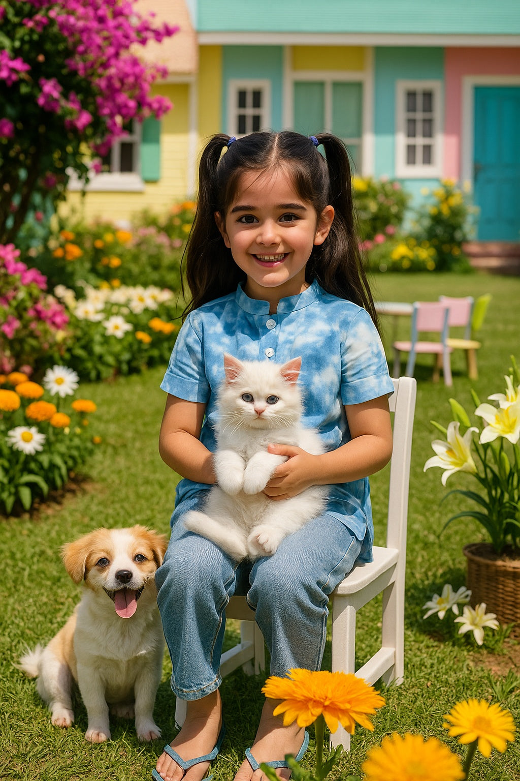 Light Blue Ombre Tie & Dye Mandarin Collar Rayon Slub Top For Girls (K11065)
