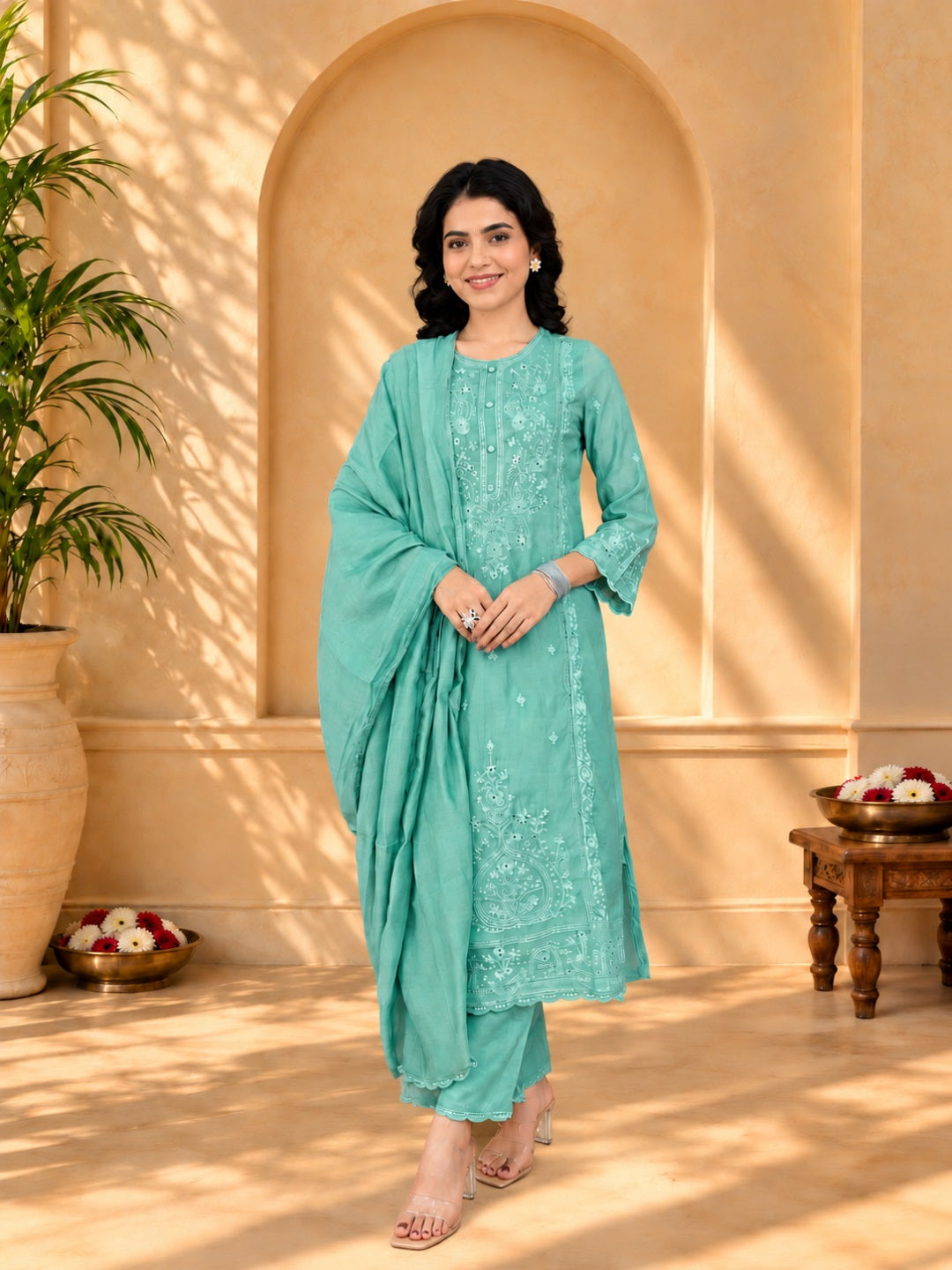 Jaipurhues Luxe Rama Muslin Silk Festive Kurta Set | Kurta Bottom Dupatta (W10008)