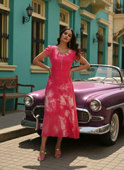 Rayon Fuchsia Tie Dye Flared Dress (W1281)
