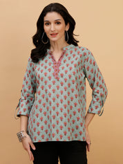Women Green Printed Camric Casual Top (W1808)