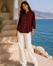 Women Rayon Slub Solid Mandarin Neck Regular Fit Shirt (W1747)