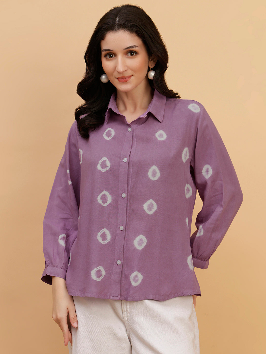 Women Hand Tie & Dye Purple Rayon Casual Shirt (W1796)