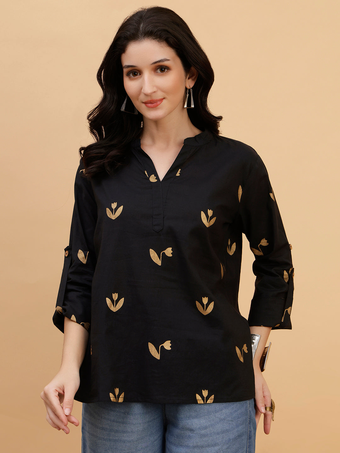 Women Black Printed Camric Casual Top (W1809)