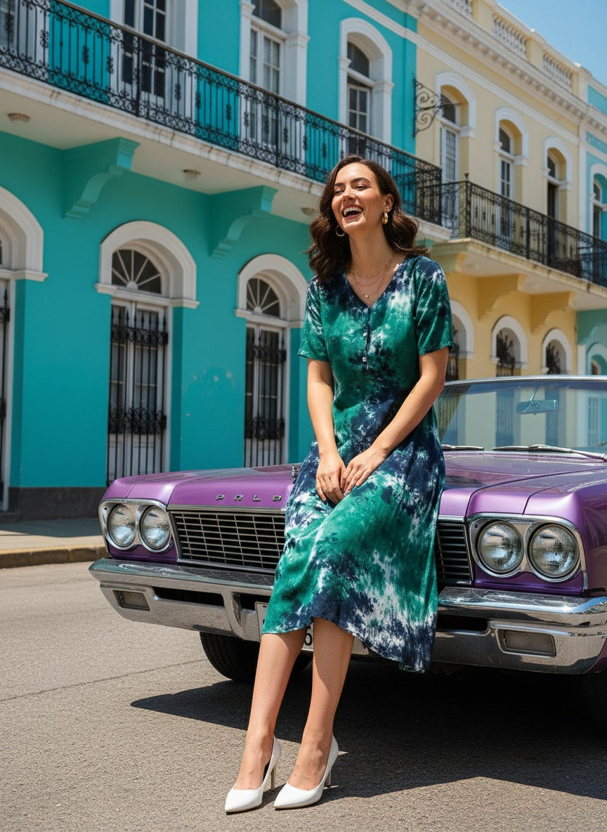 Rayon Tie Dye Sea Green A-Line Midi Dress (W1257)