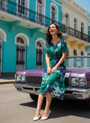 Rayon Tie Dye Sea Green A-Line Midi Dress (W1257)