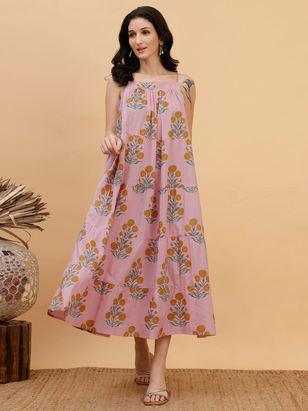 Women Pink Floral Printed Camric A-Line Dress (W1815)