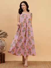 Women Pink Floral Printed Camric A-Line Dress (W1815)
