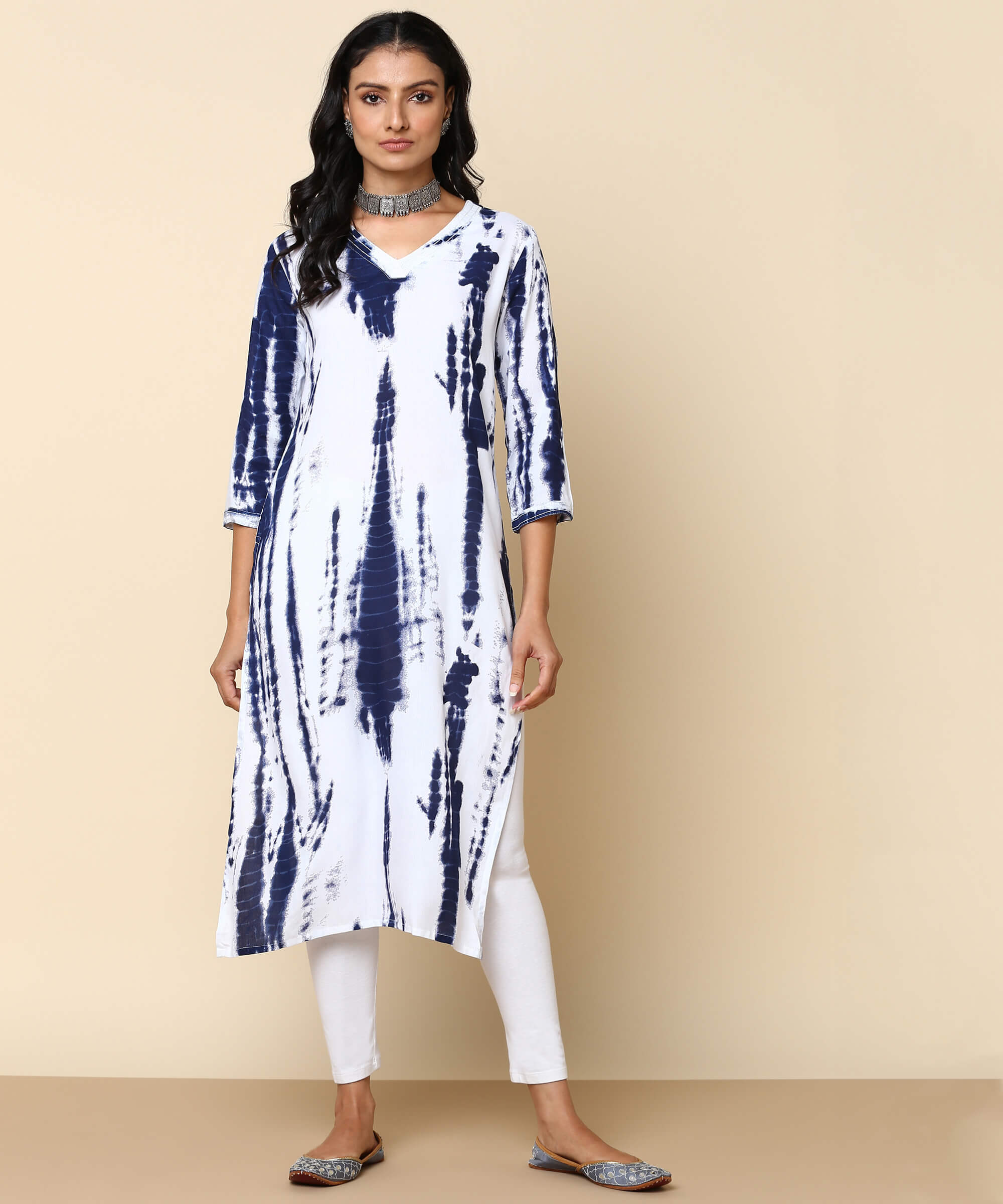Women Casual Rayon Tie & Dye White Straight Kurta (W1308)