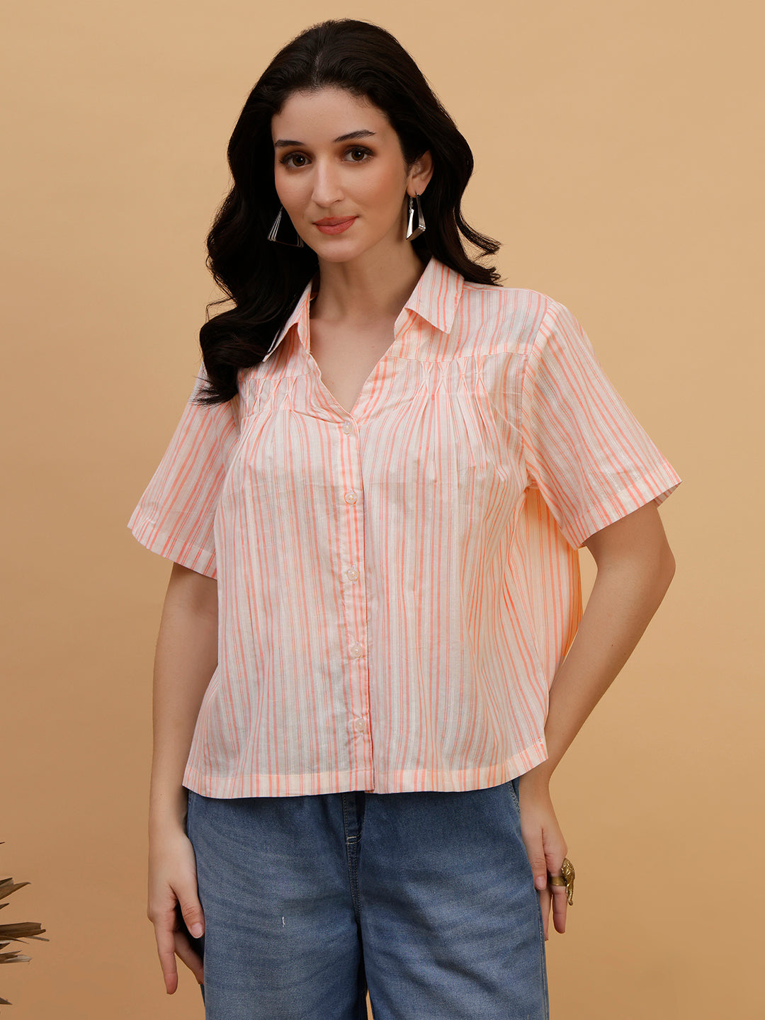 Women Camric Pink Striped Casual Regular Fit Shirt (W1812)