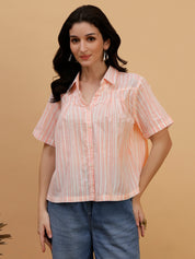 Women Camric Pink Striped Casual Regular Fit Shirt (W1812)