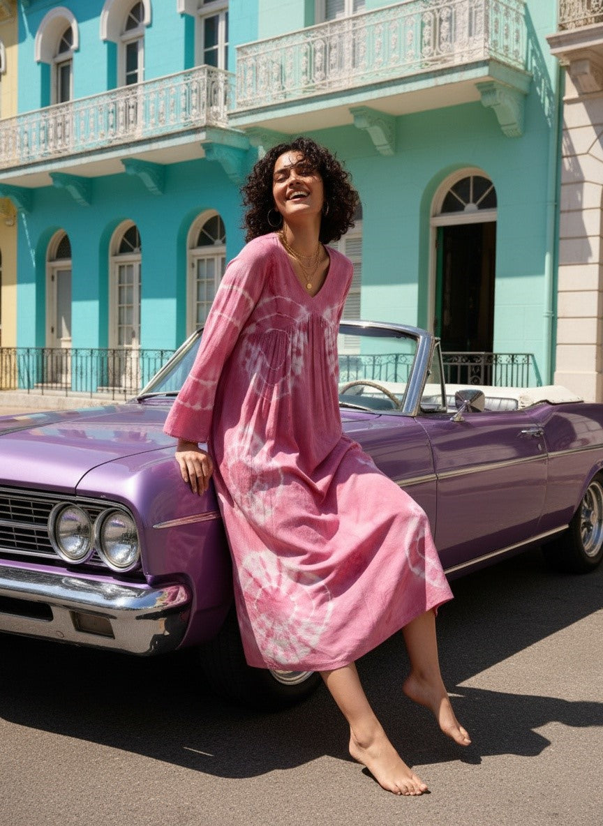 Women Handmade Floral Print Rayon Flared Pink Dress (W1597)